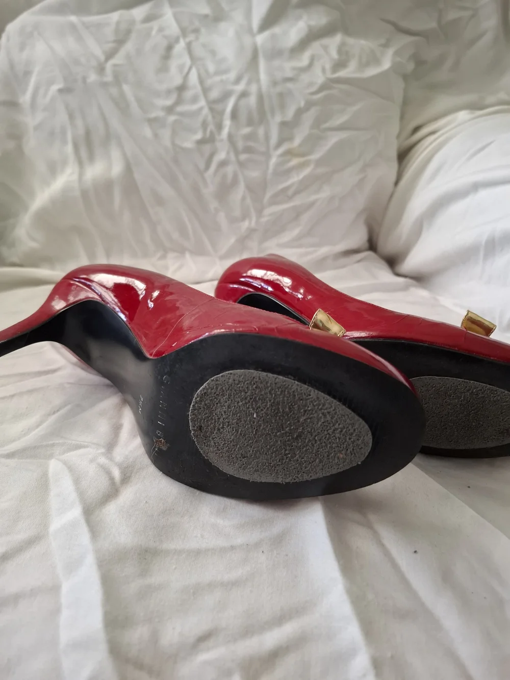 Gianni Bini Red Patent Pumps with Gold Bow Accent